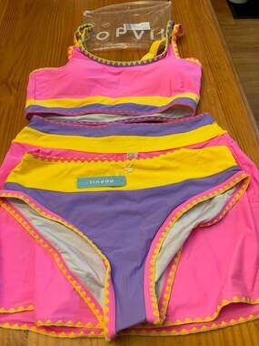Popvil Three Piece Pink Yellow Purple Color Block Bikini Set with Swim Skirt